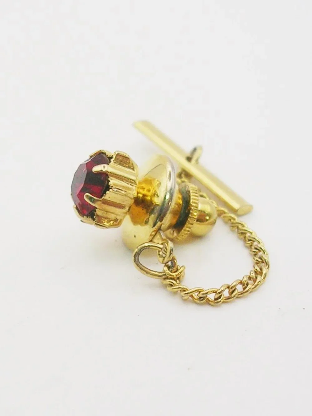 Vintage Tie Tack Pin with Chain Red Rhinestone gold tone Prong Setting